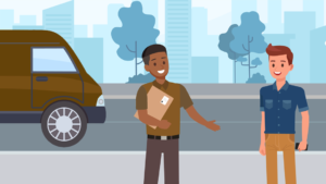 Illustration of a smiling delivery driver greeting a customer during a UPS pickup tutorial.