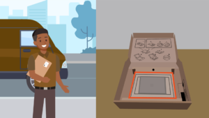 UPS Pickup Tutorial - A close-up of a securely packed box with step-by-step pictogram instructions for a UPS pickup.