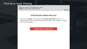 Example of a spear phishing email with a fake file sharing request to illustrate cybersecurity awareness and detection of malicious emails.