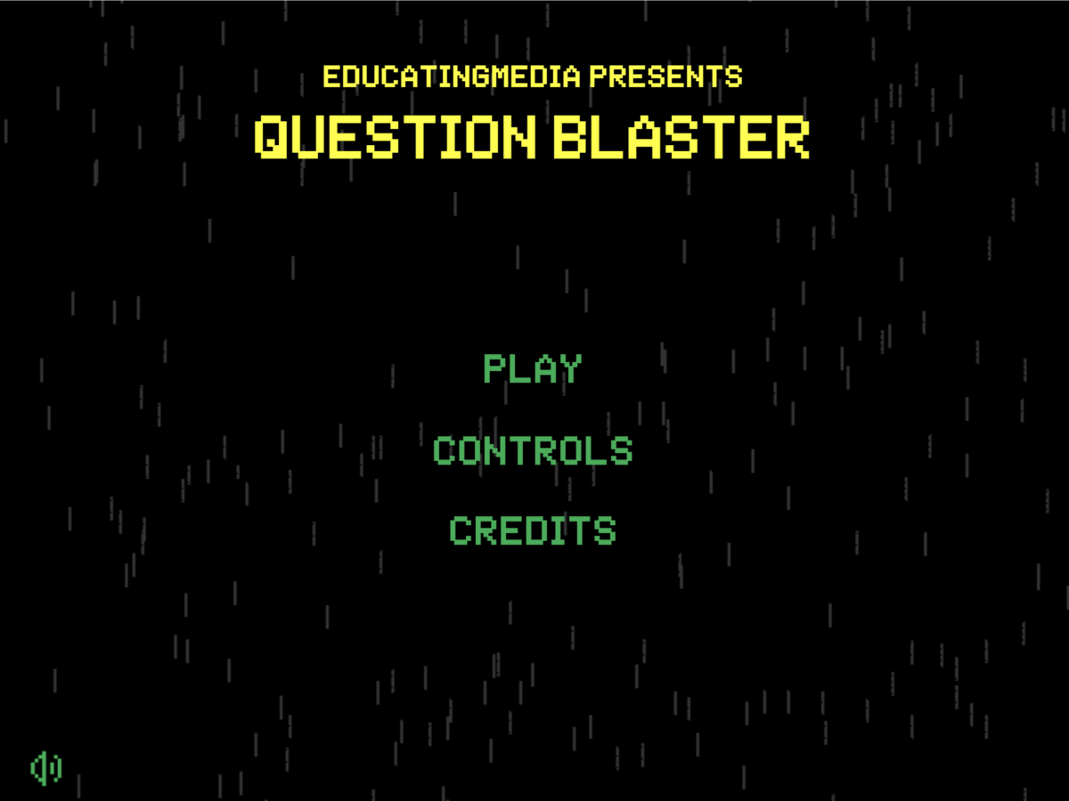 Gamification menu screen for Question Blaster eLearning game by Educating Media, featuring options for Play, Controls, and Credits on a retro-style black background with falling rain animation.