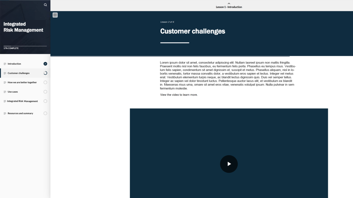 Articulate Rise module on customer challenges with a video placeholder.