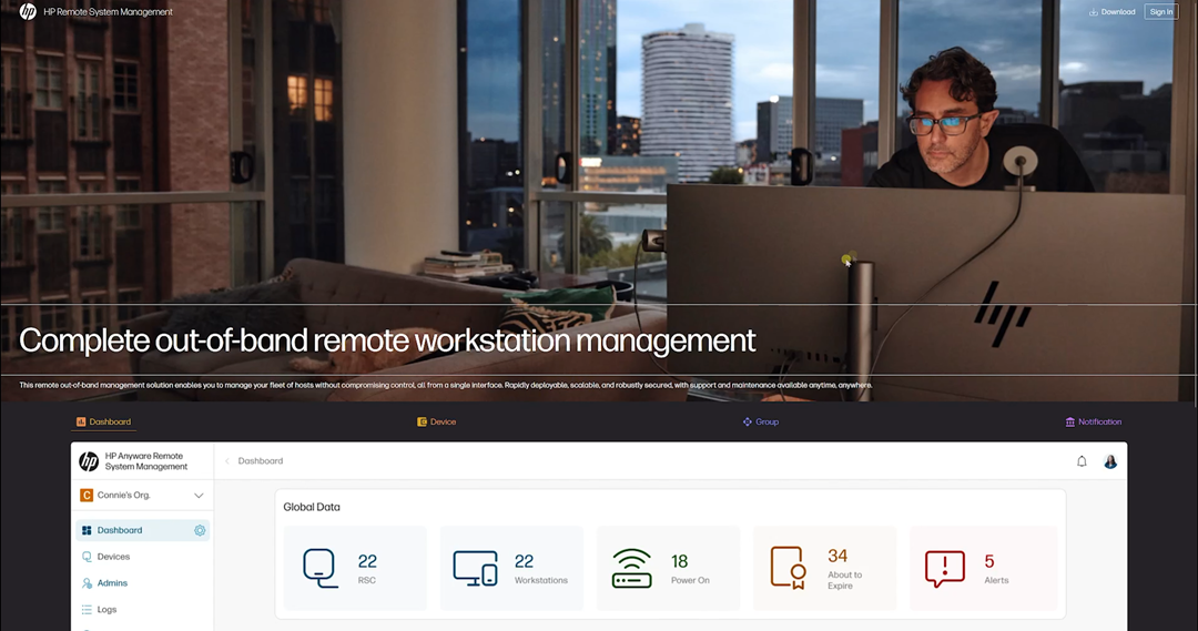 Person managing a workstation remotely using a remote system management dashboard for effective control.