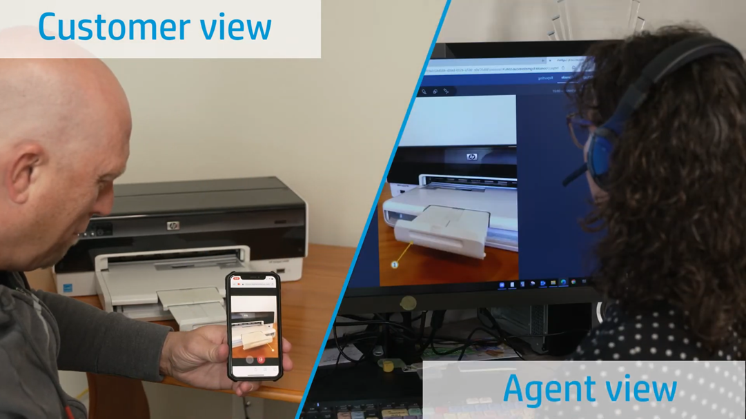 A split-screen showing a customer using a smartphone to live stream a printer issue to an agent’s desktop, enabling real-time troubleshooting through a browser-based video tool.