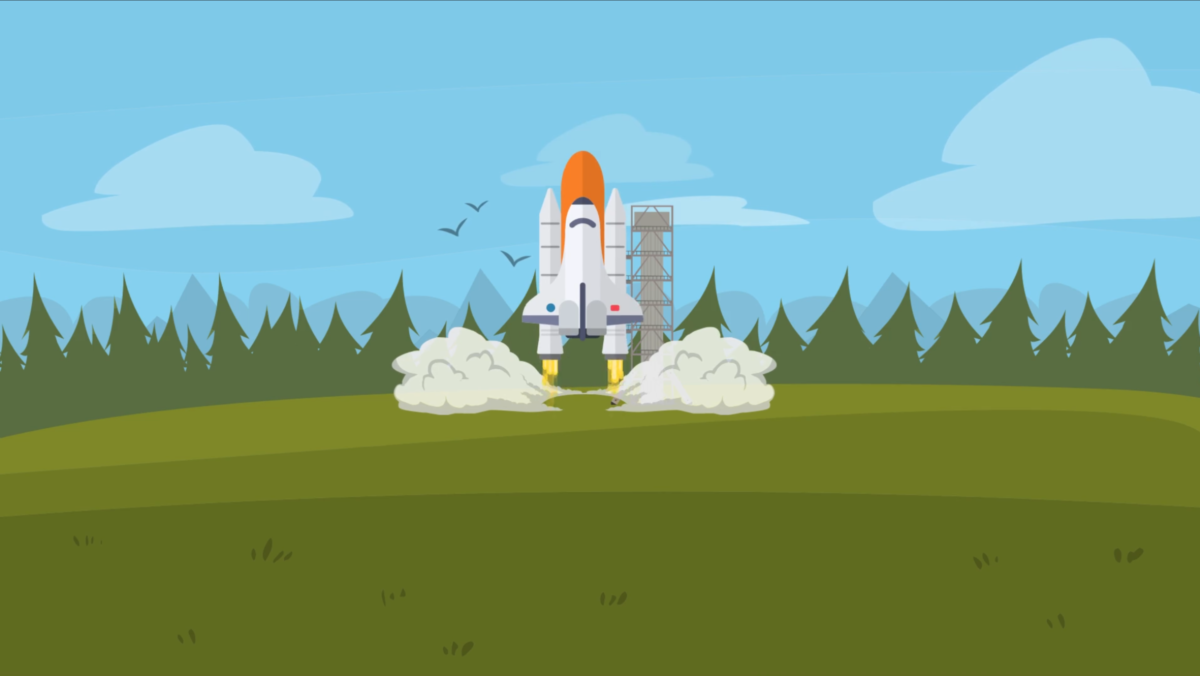 Space shuttle launching, symbolizing progress and customer satisfaction through knowledge.