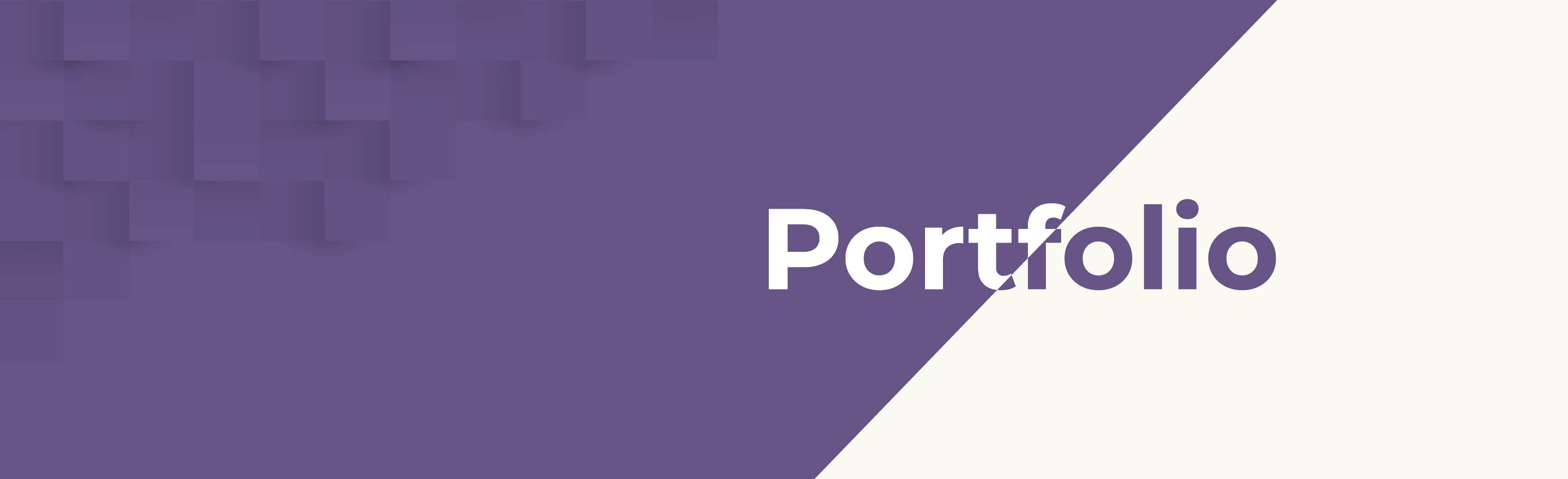 Portfolio header graphic with a purple geometric design and text.