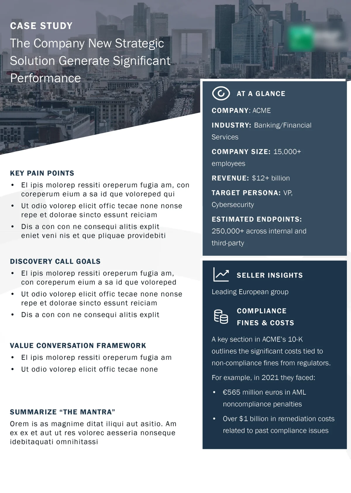 Quick-reference handout summarizing key sales goals, objections, and positioning strategy for B2B enablement.
