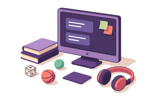 Cartoon-style animated computer screen with books, sports balls, and stationery symbolizing engaging gamified eLearning content.