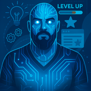 Digital avatar of Kristóf with a futuristic interface and "LEVEL UP" badge, representing interactive learning design.