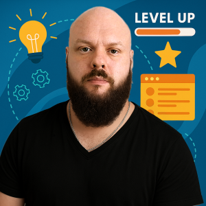 Photo of Kristóf a gamified developer with a "LEVEL UP" badge, representing interactive learning design.