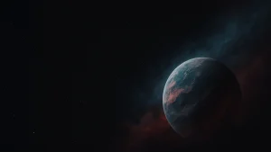 Dark galaxy background with an illuminated planet representing the balance between light and dark sides in a Star Wars alignment quiz.
