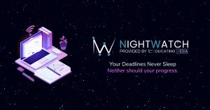 Nightwatch service banner showing a glowing laptop workspace in space, symbolizing overnight eLearning production and timezone-aligned development by Educating Media. The tagline reads: 'Your Deadlines Never Sleep. Neither Should Your Progress.'