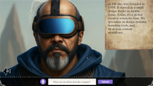 Fantasy-style AI-powered training avatar answering a voice prompt about company history. Example of custom AI training solution with character-based interaction.