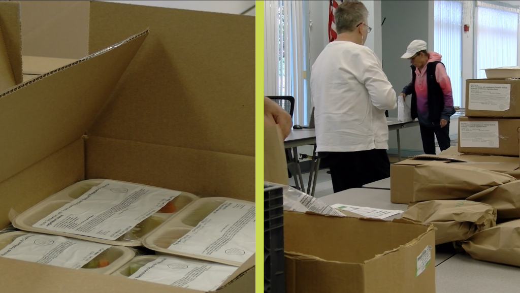 Split-screen showing meal prep and volunteer distribution for nonprofit fundraising documentary and training video creation