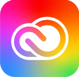 Adobe Creative Cloud logo in a rainbow gradient, representing tools like Photoshop, Illustrator, and After Effects for multimedia and visual design.