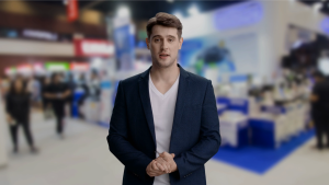 AI-generated presenter avatar delivering training content in a corporate setting. Example of AI video generation for eLearning.