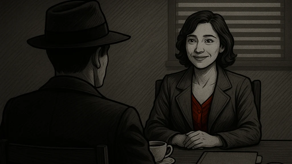 Illustration from a detective-style code of conduct training module showing a female character being interviewed by a noir detective, part of a compliance eLearning course.