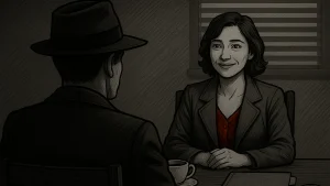 Illustration from a detective-style code of conduct training module showing a female character being interviewed by a noir detective, part of a compliance eLearning course.
