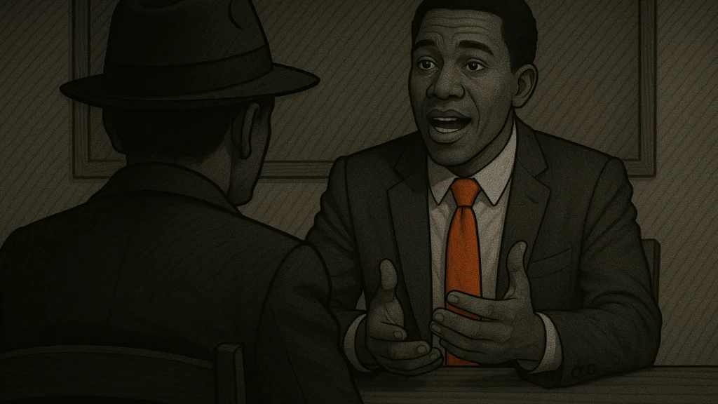 Stylized noir scene from an interactive compliance course, where a man in a suit discusses a code of conduct scenario with the learner acting as detective.