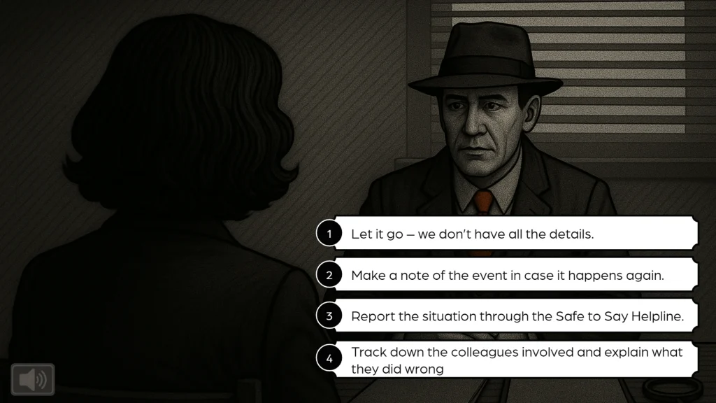 Decision-making moment in a code of conduct eLearning module featuring multiple compliance choices in a film noir interface with a detective avatar.