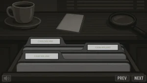 Detective-themed eLearning UI showing a file drawer interface labeled “Case Solved,” used to gamify progress tracking in a code of conduct compliance course.