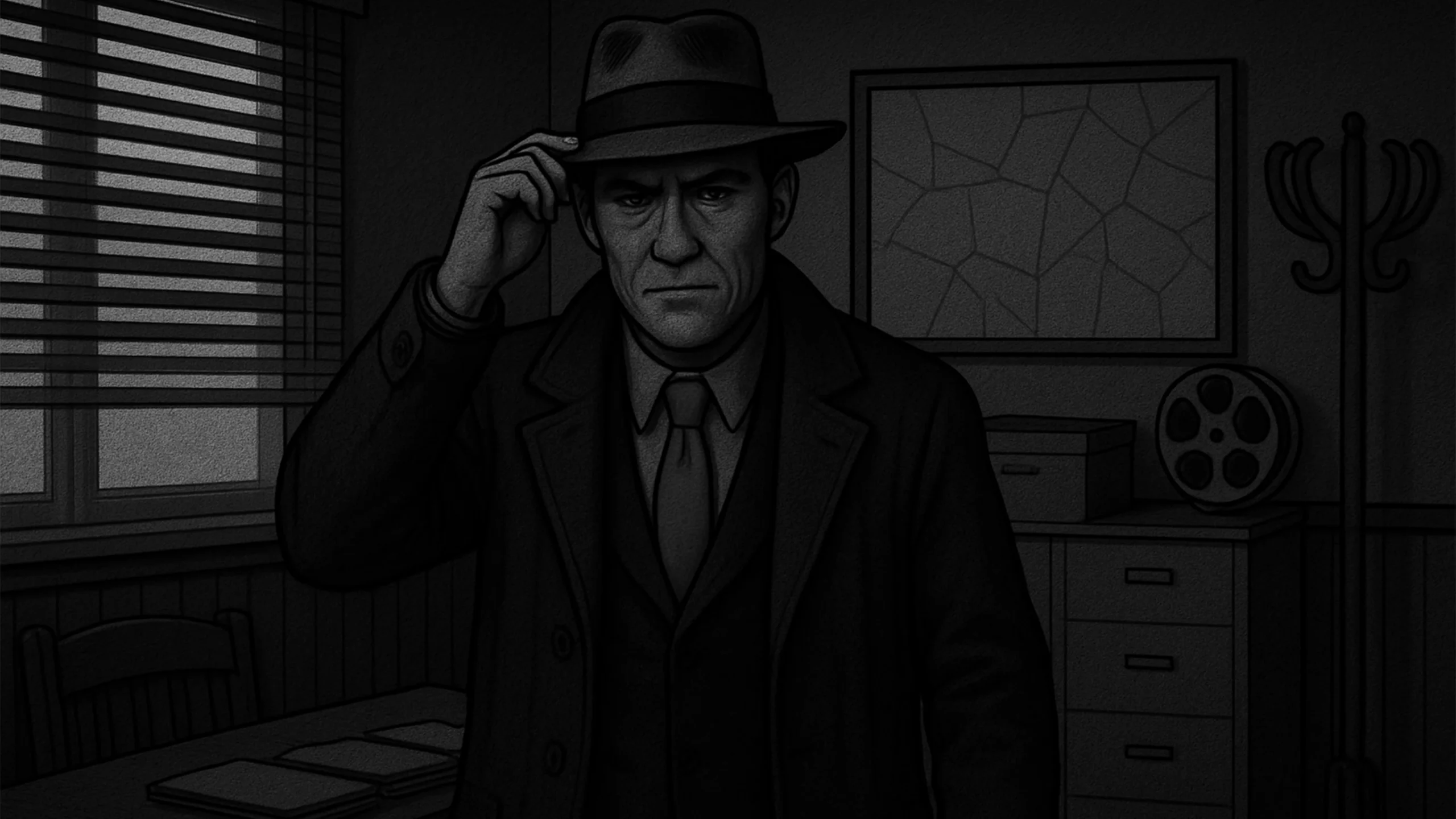 Stylized detective character tipping his hat in a noir office setting—serving as the learner's guide in a code of conduct training module designed with interactive compliance storytelling.