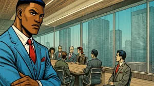 Interactive compliance training scene featuring two illustrated business characters discussing ethics in a global corporate office, styled in comic visuals for eLearning engagement.
