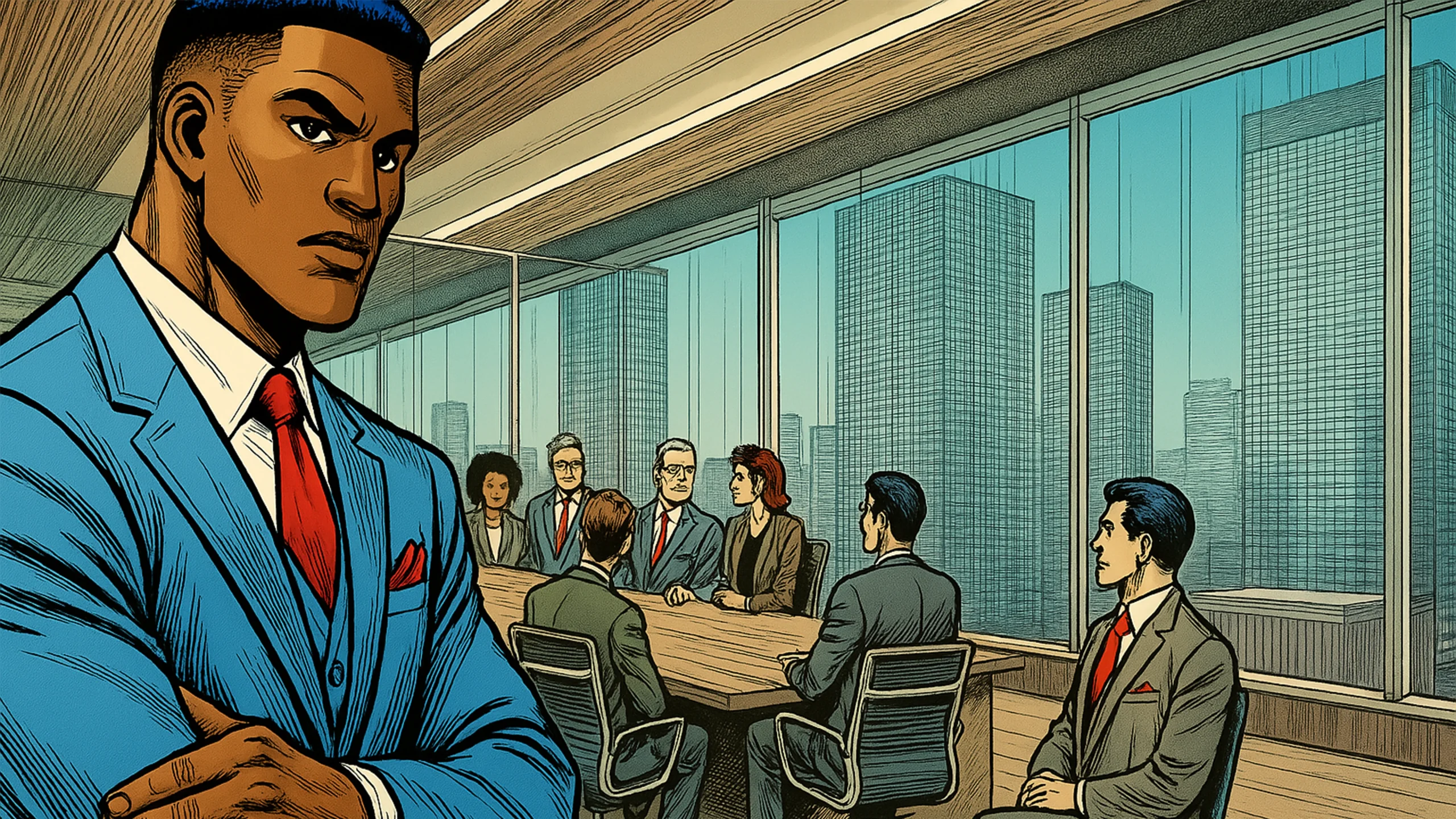 Interactive compliance training scene featuring two illustrated business characters discussing ethics in a global corporate office, styled in comic visuals for eLearning engagement.