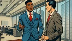 Comic-style panel from global competition law eLearning course showing fictional pharmaceutical boardroom strategy conversation, designed to teach ethical sales practices.