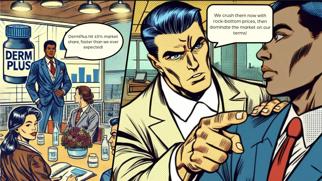 Superhero-style eLearning illustration of a corporate boardroom secretly discussing bid-rigging, part of a scenario-based compliance training module.