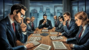 Comic-style boardroom drama depicting a confidentiality-focused global compliance meeting, used in multilingual interactive training for competition law.