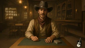 Western-themed interface for leadership training card game demo built in Articulate Storyline, showing the main game host character.