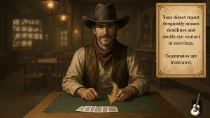 Gamified learning check scenario in leadership training card game demo, with a challenge card describing a management situation.