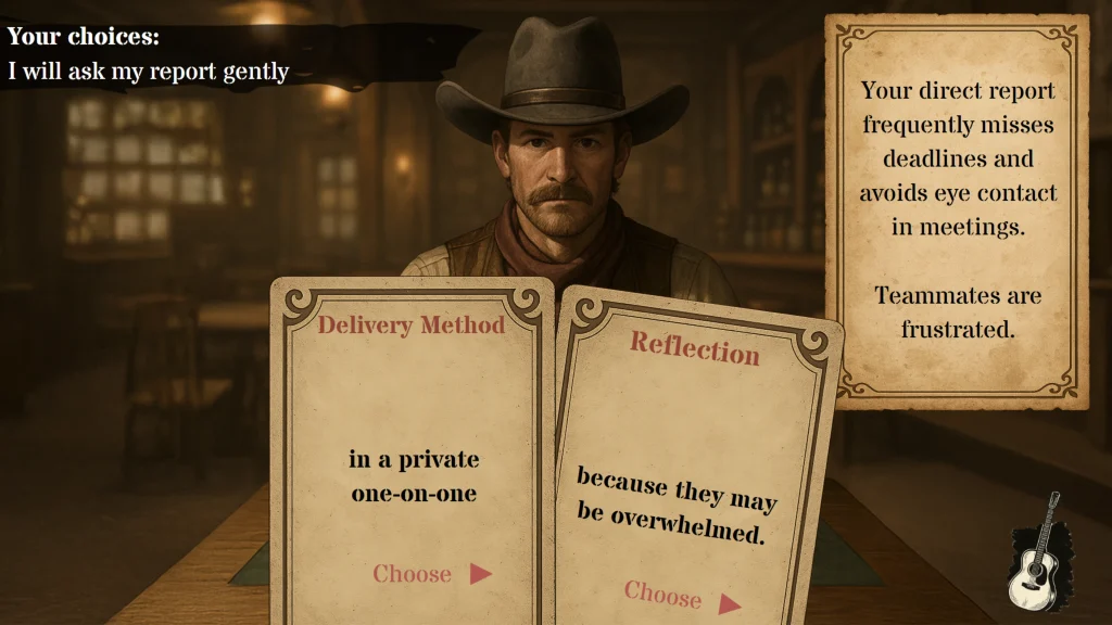 Interactive card selection screen from Articulate Storyline leadership training module, simulating reflective decision-making.