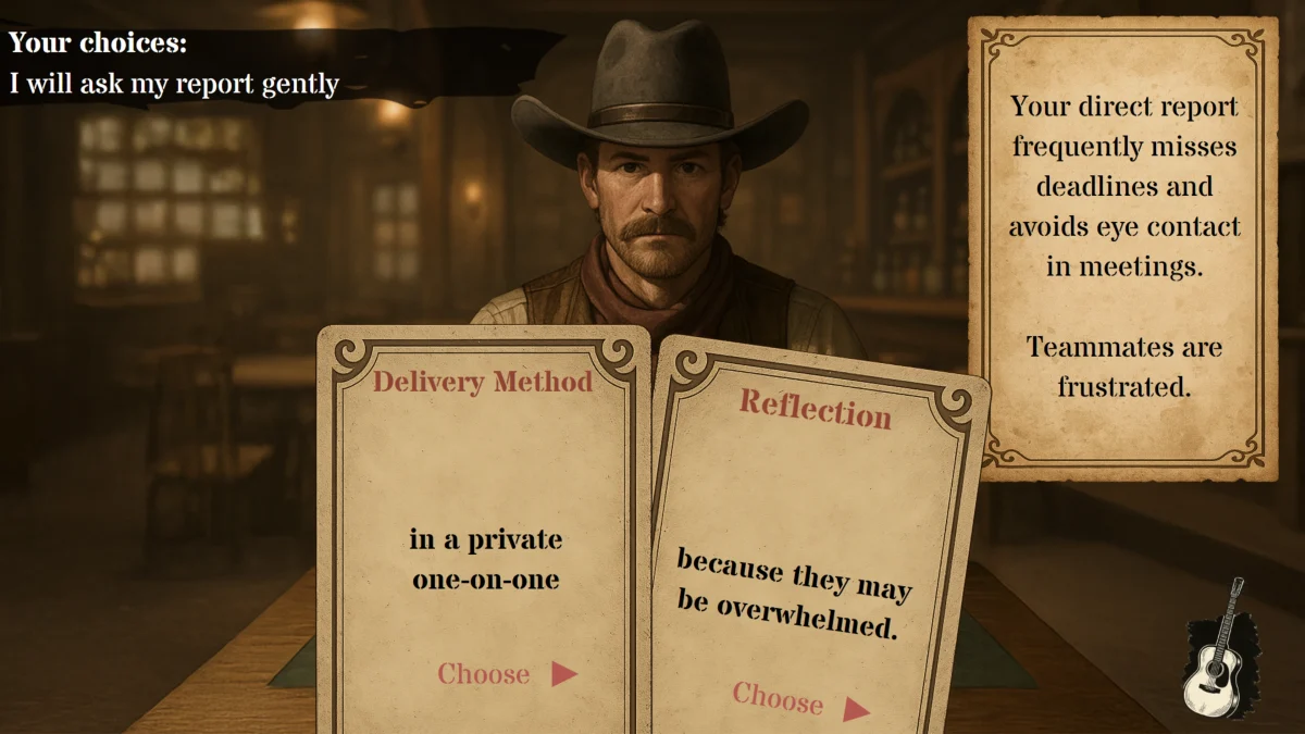 Interactive card selection screen from Articulate Storyline leadership training module, simulating reflective decision-making.