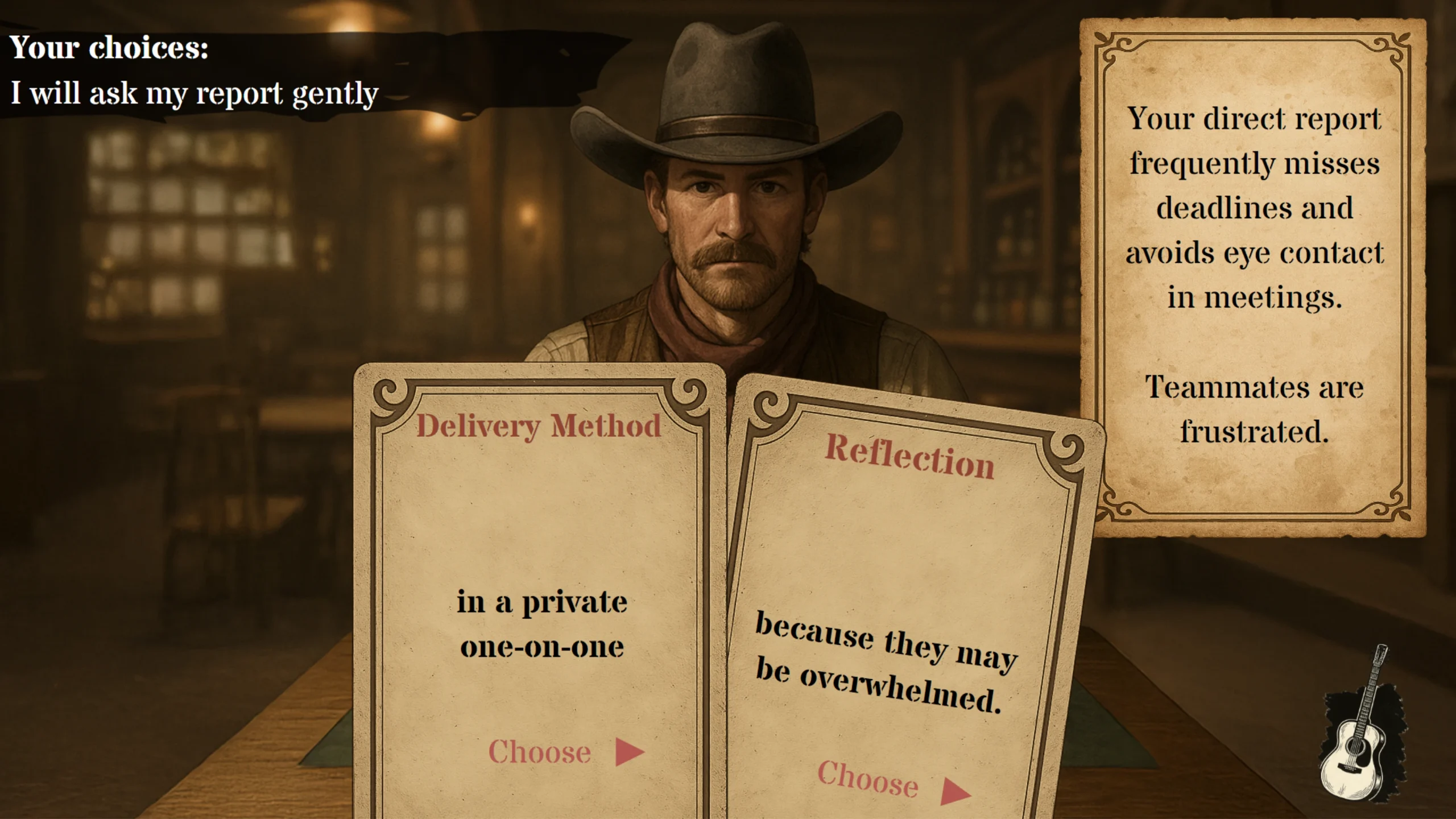 Interactive card selection screen from Articulate Storyline leadership training module, simulating reflective decision-making.
