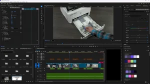 Editing the printer unboxing video in Adobe Premiere Pro for customer education