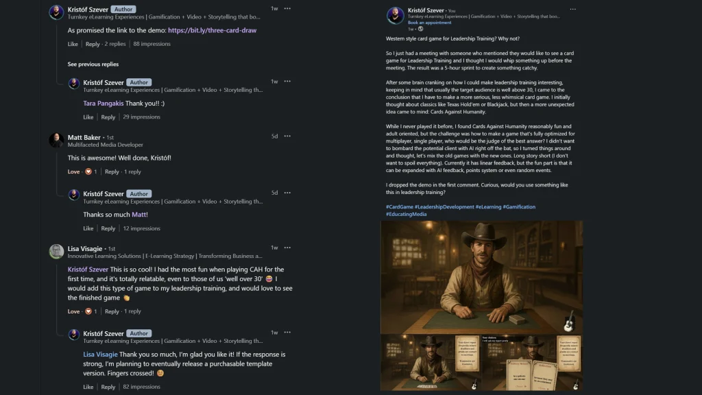 Screenshot of a LinkedIn post by Kristóf Szever showcasing a leadership training card game demo inspired by Cards Against Humanity. The post includes a detailed write-up, enthusiastic comments from industry peers, and preview thumbnails of the interactive Articulate Storyline game featuring a cowboy dealer. Keywords: leadership training card game demo, articulate storyline gamified learning, adult learning eLearning portfolio.