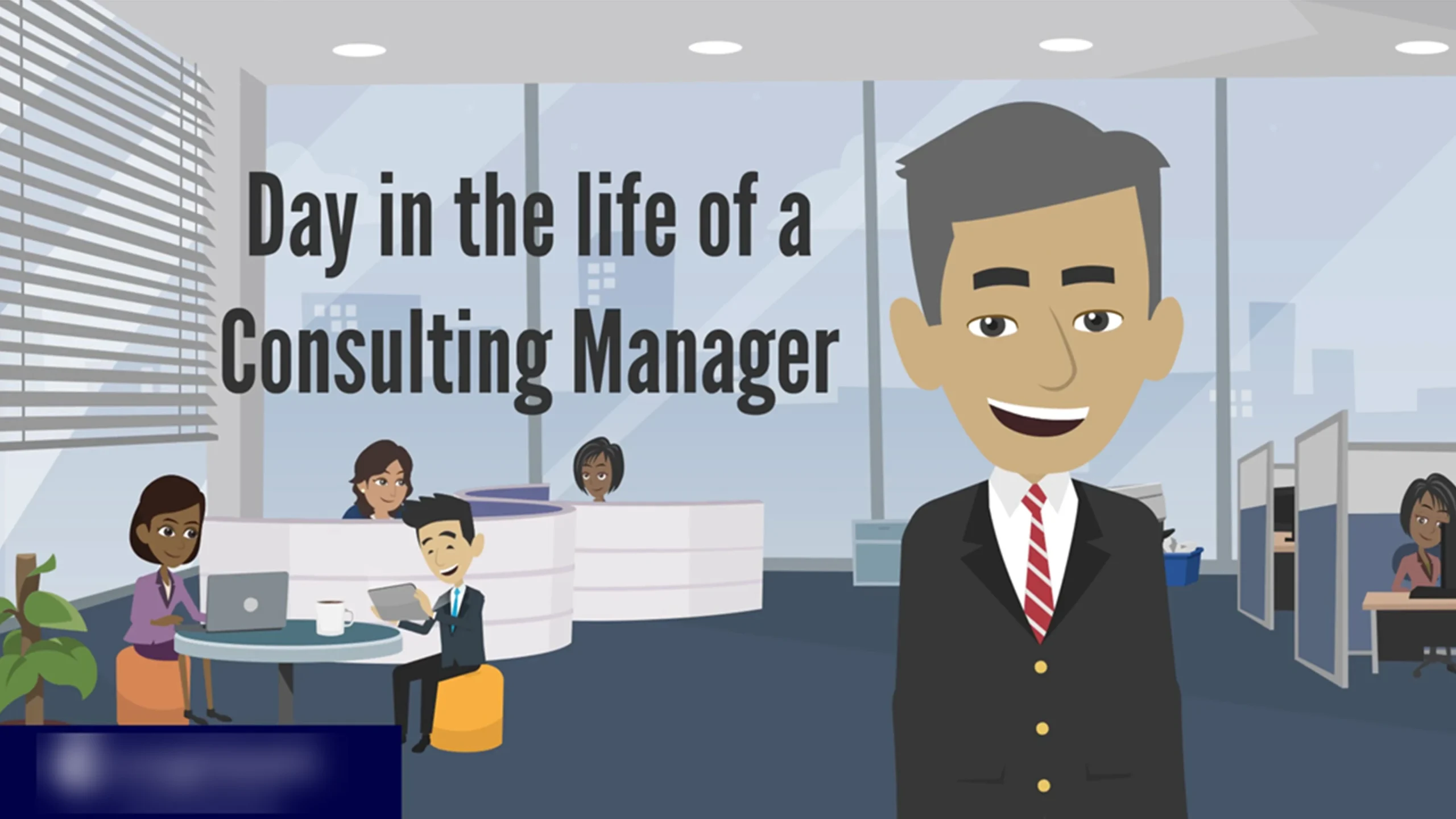 Animated character introducing a manager training video titled 'Day in the life of a Consulting Manager' with office background