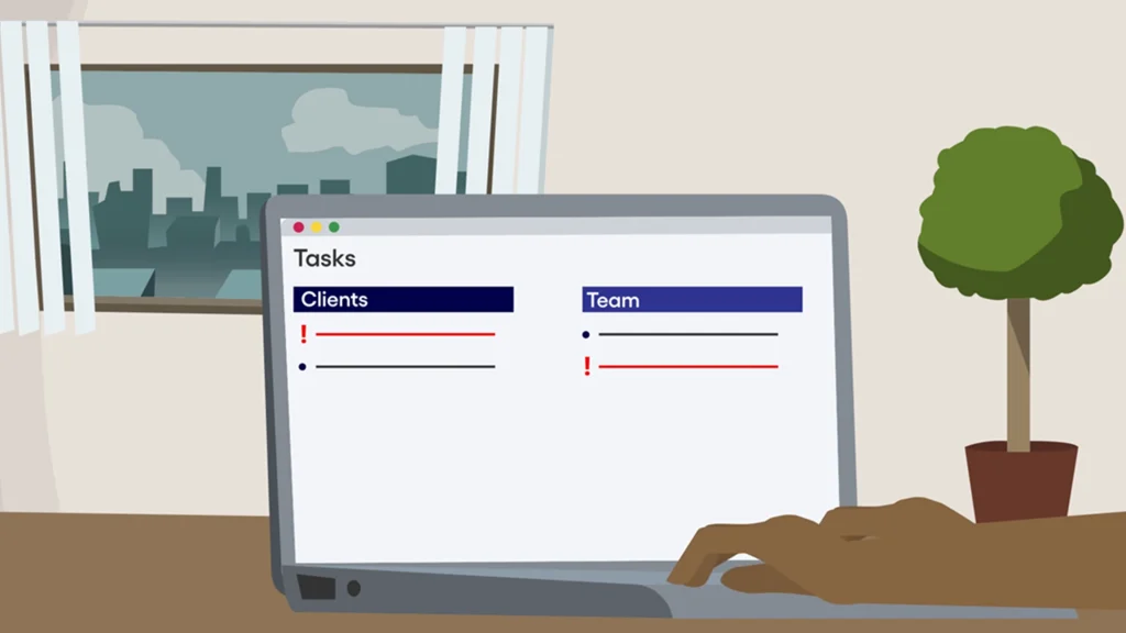 Animated hands typing on a laptop showing task lists for clients and team members in a manager training scenario