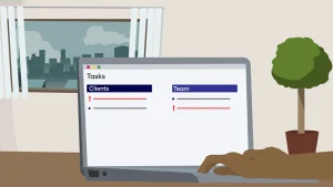 Animated hands typing on a laptop showing task lists for clients and team members in a manager training scenario