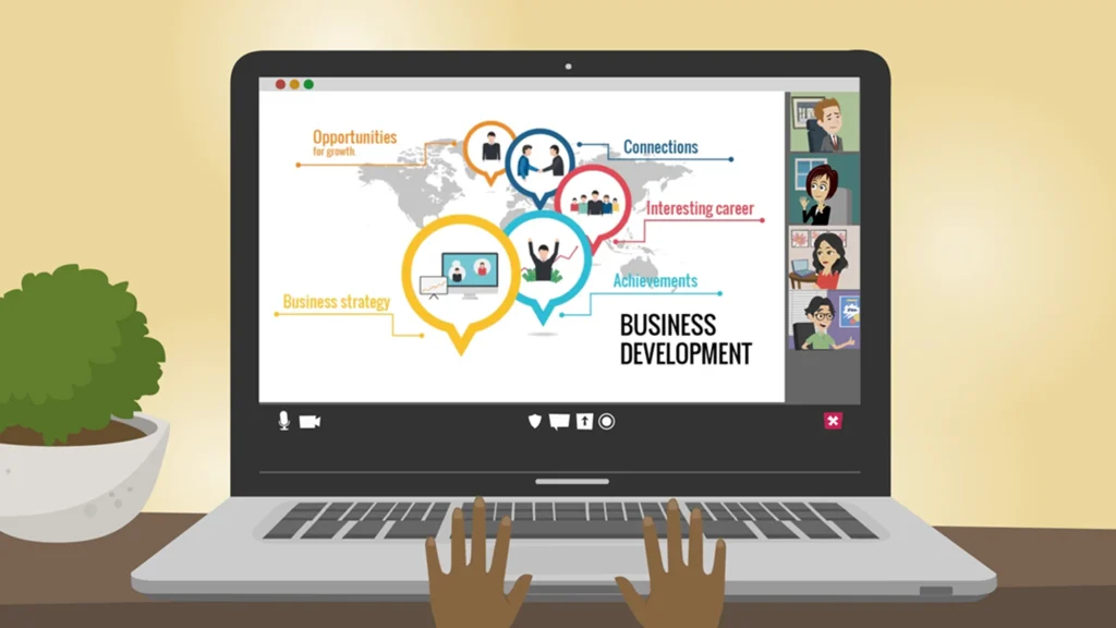 Manager training video scene displaying collaborative business development ideas through illustrated infographic bubbles