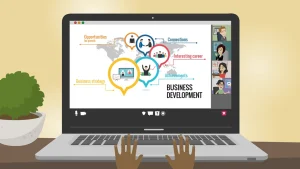 Manager training video scene displaying collaborative business development ideas through illustrated infographic bubbles