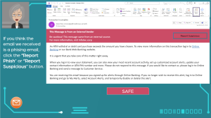 Animated phishing email scenario teaching employees how to identify suspicious messages in interactive training simulation.