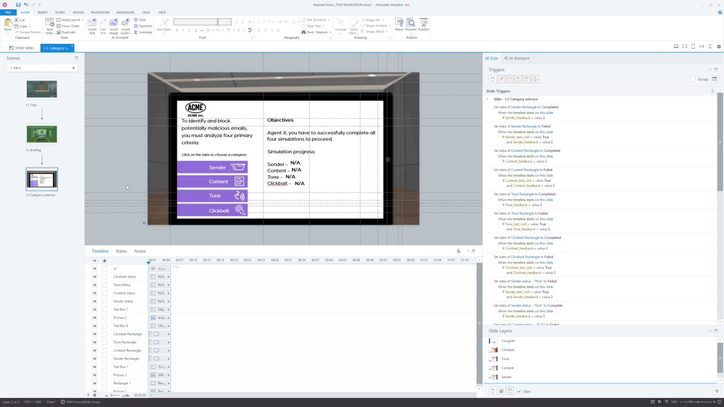 Articulate Storyline interface showing simulation logic and triggers for a phishing awareness course.