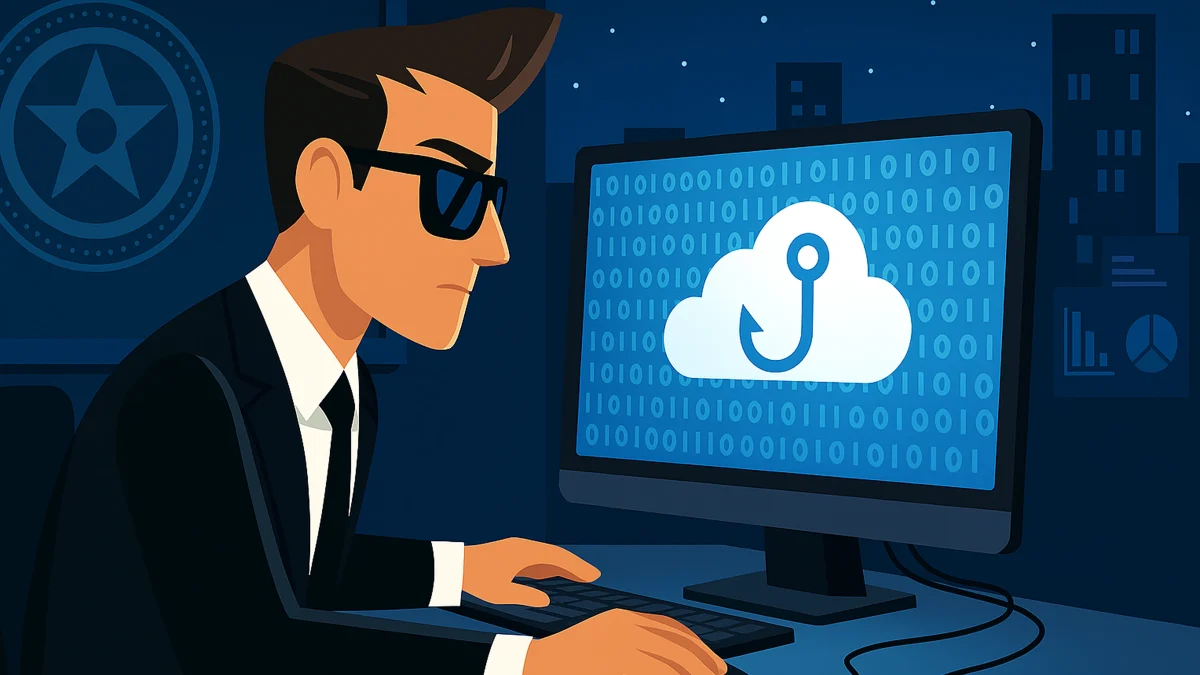 Spy-themed character in sunglasses working on a computer with a phishing symbol — featured image for gamified cybersecurity compliance training.