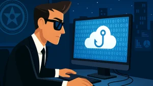 Spy-themed character in sunglasses working on a computer with a phishing symbol — featured image for gamified cybersecurity compliance training.