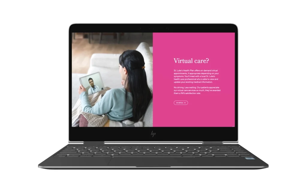 Laptop screen displaying virtual care message and doctor consultation, part of St. Luke’s training video visuals.