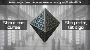 Interactive moral choice screen from a Star Wars–inspired soft skills eLearning module. Learners hover to choose between “Shout and curse” or “Stay calm, let it go,” triggering a visual polarity shift via a central holocron.