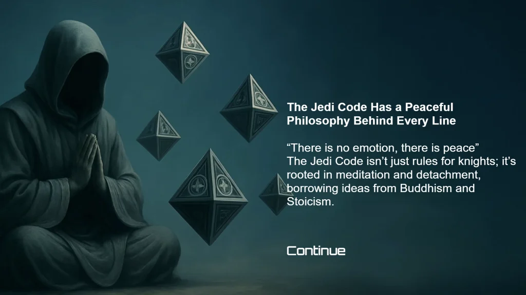 Jedi figure meditating beside floating holocrons with the caption “The Jedi Code Has a Peaceful Philosophy.” Educational overlay explains the Jedi philosophy and its grounding in mindfulness and stoicism.
