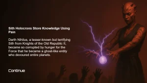 Sith figure emitting purple lightning while summoning a holocron. eLearning screen explains how Sith holocrons store pain-based knowledge, referencing Darth Nihilus from Star Wars lore.